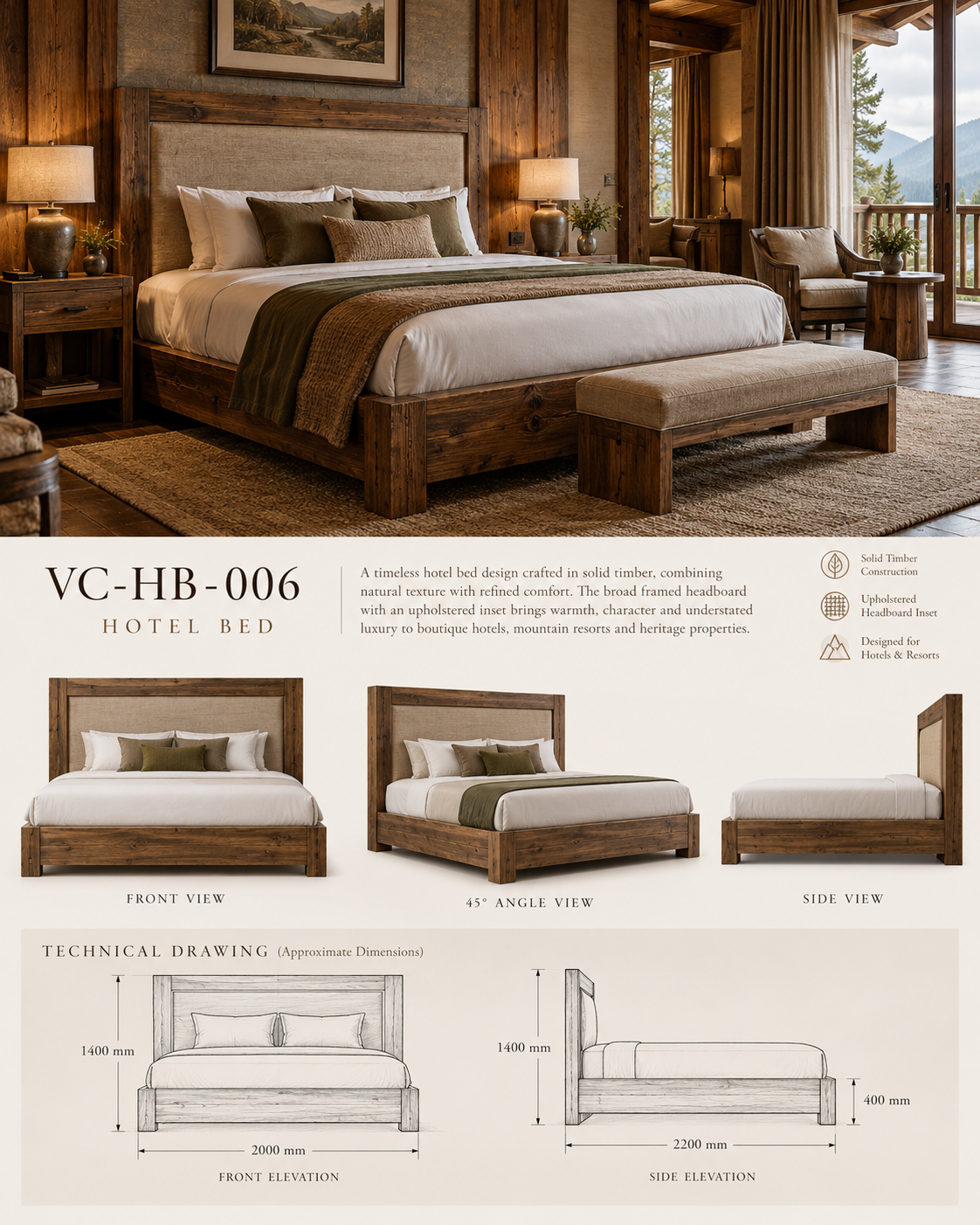 Rustic Solid Timber Hotel Bed — VC-HB-006 catalogue sheet