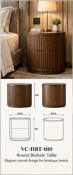 Round Bedside Table — full catalogue concept sheet, VC-HBT-010
