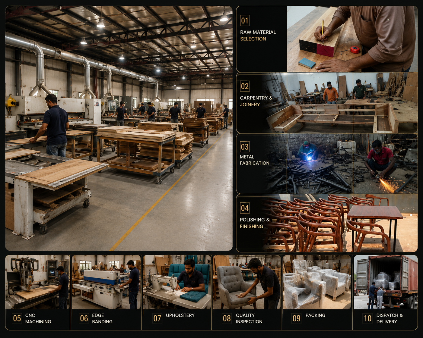 Venus Creatives manufacturing process — raw material selection, carpentry, metal fabrication, polishing, CNC machining, edge banding, upholstery, quality inspection, packing and dispatch