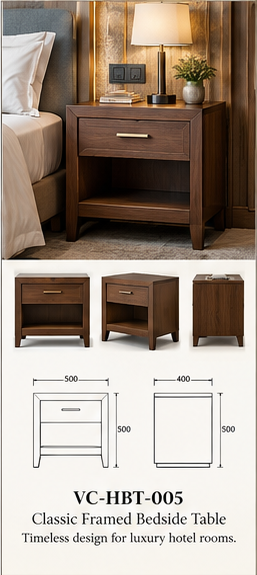 Classic Framed Bedside Table — full catalogue concept sheet, VC-HBT-005