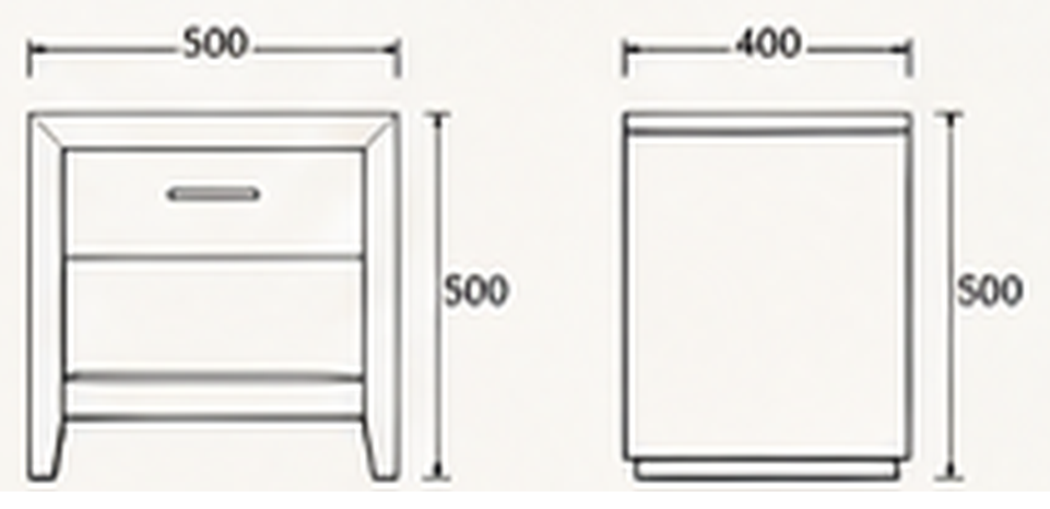 Classic Framed Bedside Table — indicative concept sketch with dimensions, VC-HBT-005