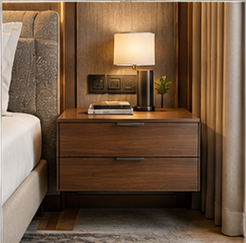 Modern Floating / Plinth Bedside Table for hotel guest rooms — concept visualization, Venus Creatives