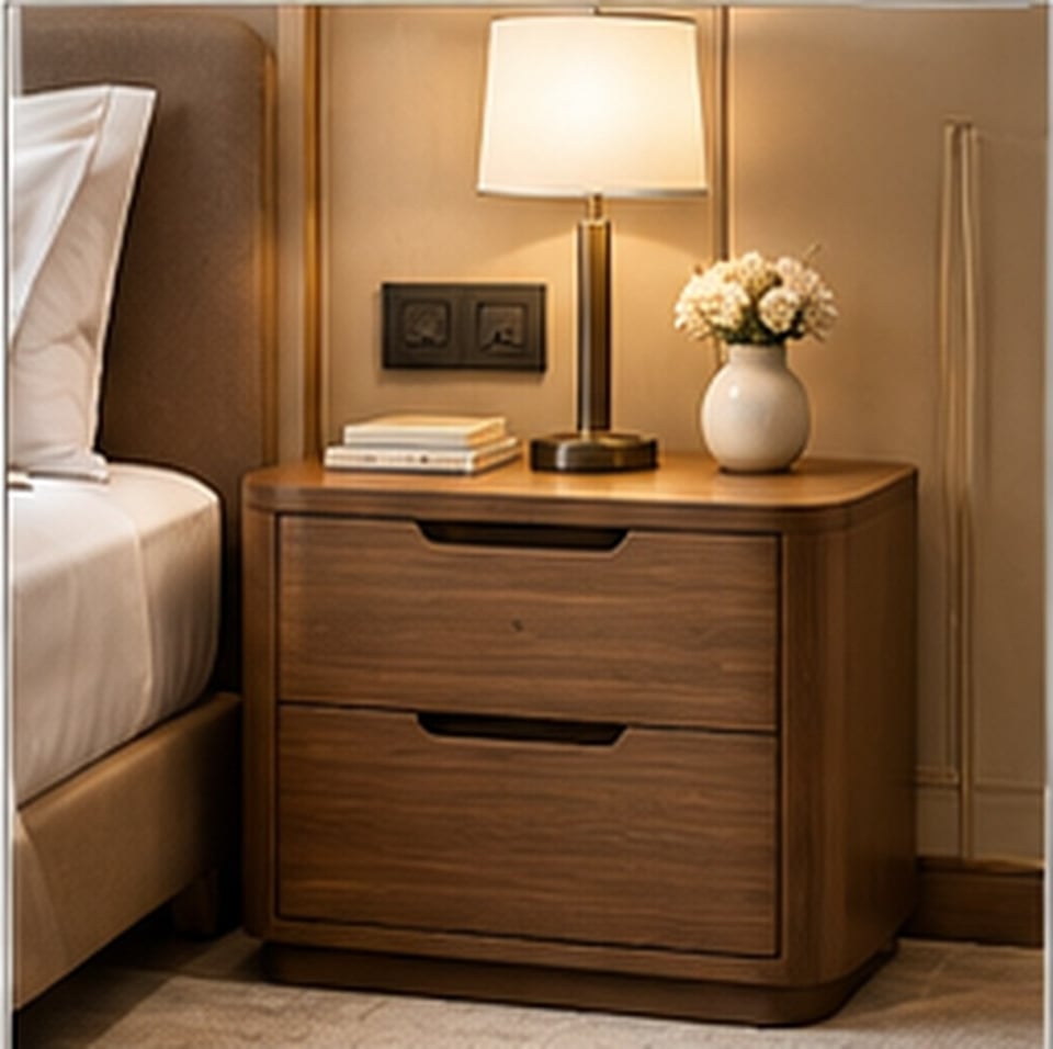 Rounded Edge Bedside Table for hotel guest rooms — concept visualization, Venus Creatives