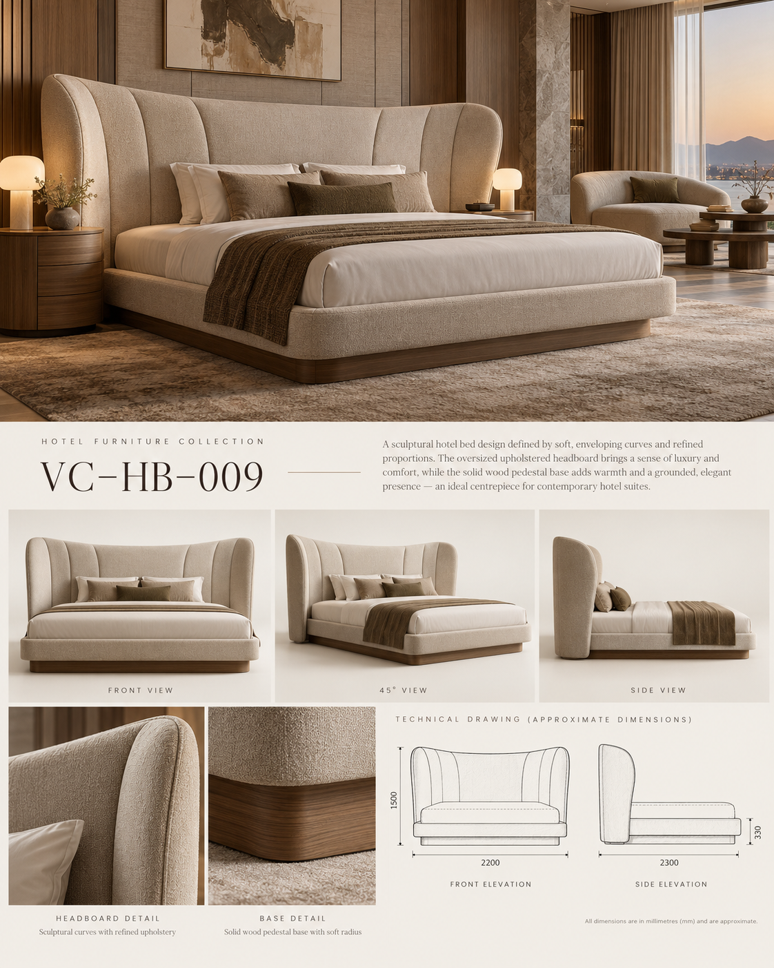 Sculptural Curved Hotel Bed — VC-HB-009 catalogue sheet