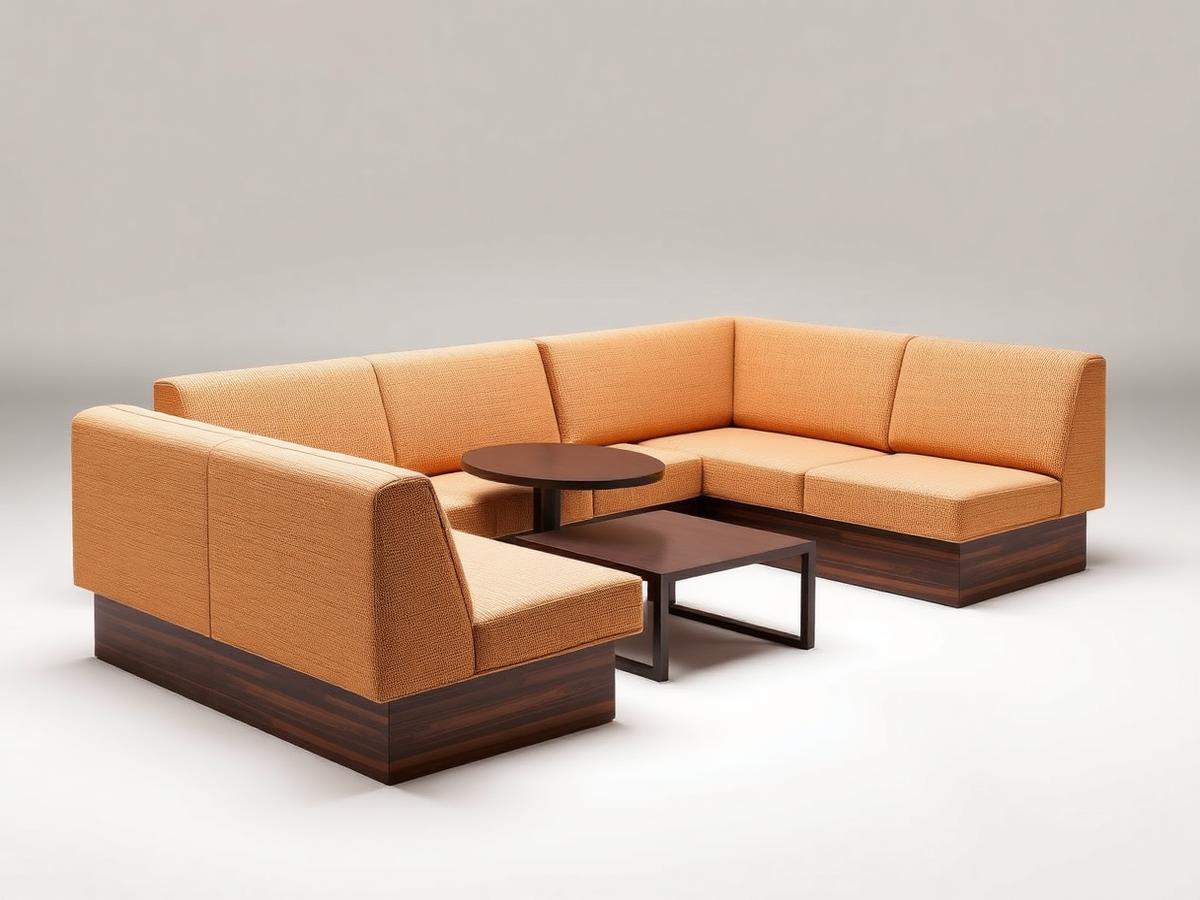 Modular restaurant sofa system in taupe fabric on a walnut plinth
