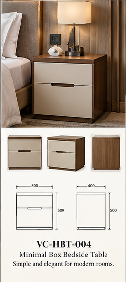 Minimal Box Bedside Table — full catalogue concept sheet, VC-HBT-004