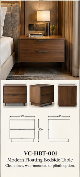Modern Floating / Plinth Bedside Table — full catalogue concept sheet, VC-HBT-001
