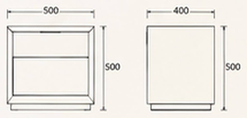 Open Shelf Bedside Table — indicative concept sketch with dimensions, VC-HBT-007
