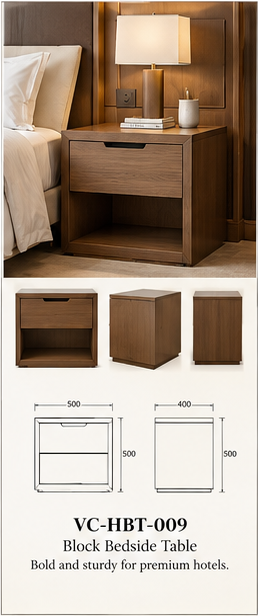 Block Bedside Table — full catalogue concept sheet, VC-HBT-009