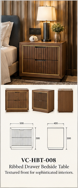 Ribbed Drawer Bedside Table — full catalogue concept sheet, VC-HBT-008