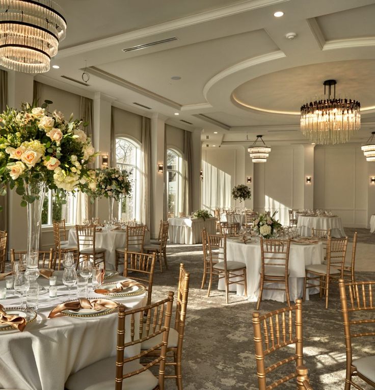 Classic gold chiavari chairs with ivory seat pads at a wedding setup