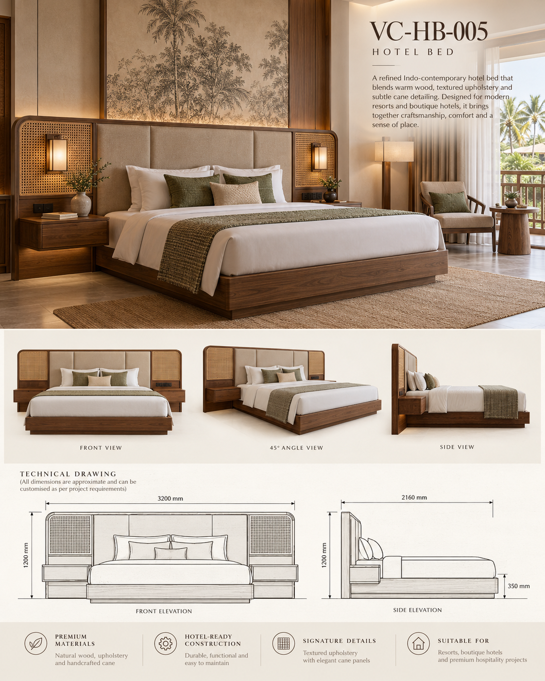 Extended Cane Panel Hotel Bed — VC-HB-005 catalogue sheet