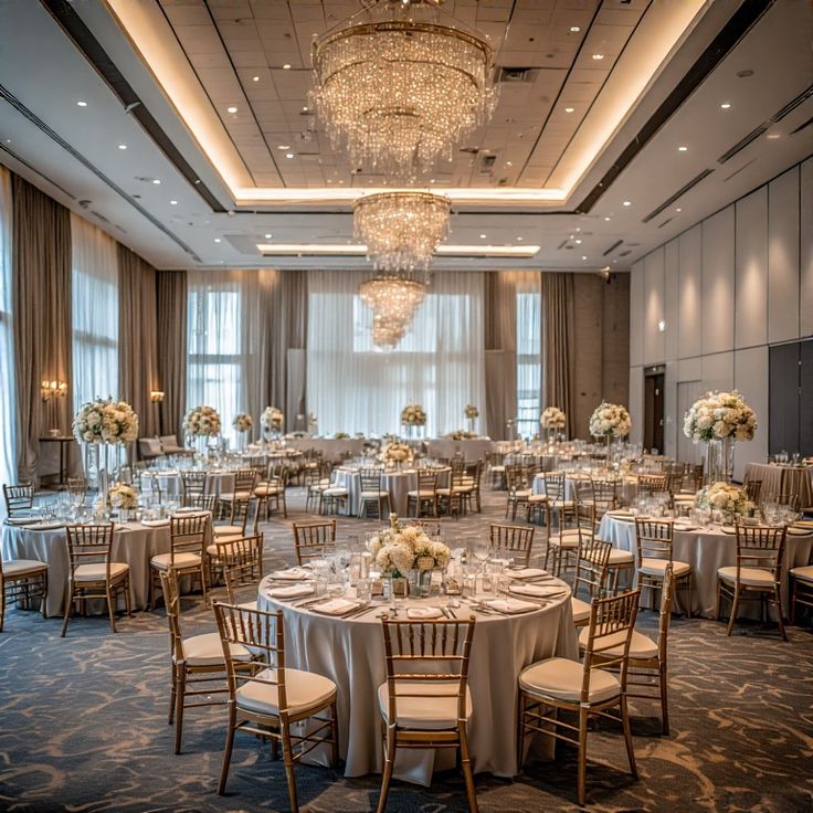 Banquet round tables with gold chiavari chairs and floral centrepieces