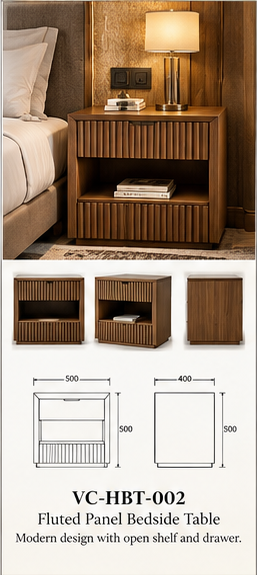 Fluted Panel Bedside Table — full catalogue concept sheet, VC-HBT-002