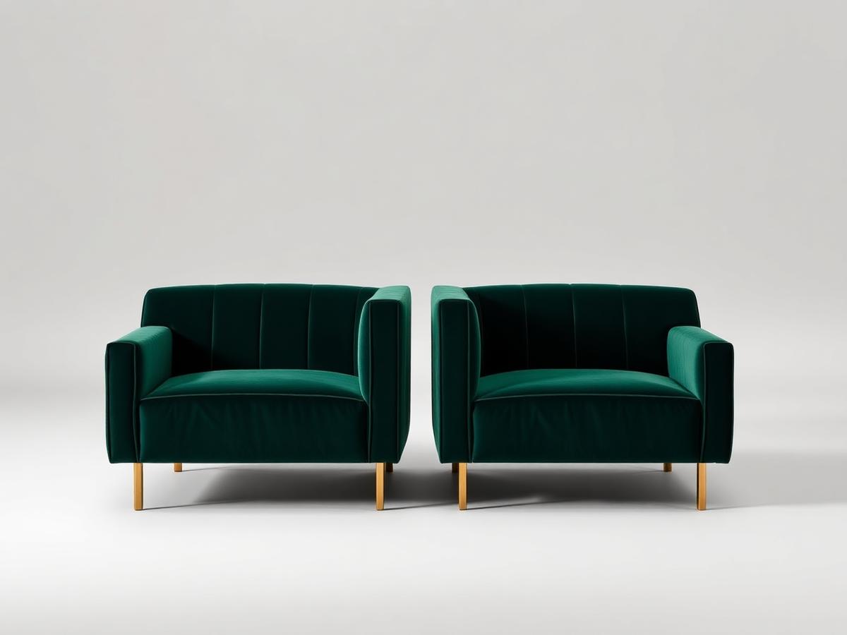 Armless modular restaurant lounge sofa units in green velvet with brass legs