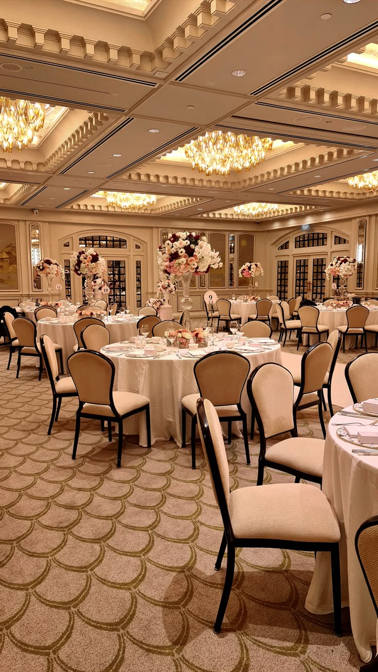 Cream oval back banquet chairs in a classic hotel ballroom
