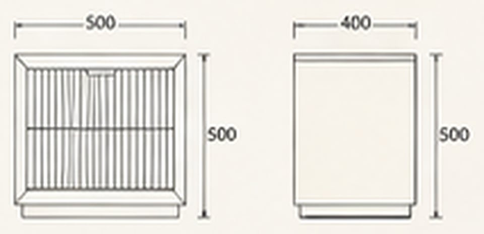 Ribbed Drawer Bedside Table — indicative concept sketch with dimensions, VC-HBT-008