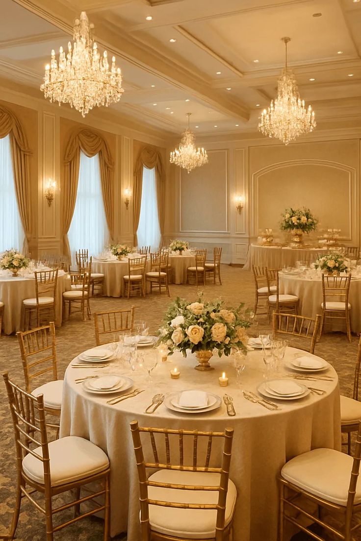 Gold chiavari banquet chairs around round tables in a cream ballroom