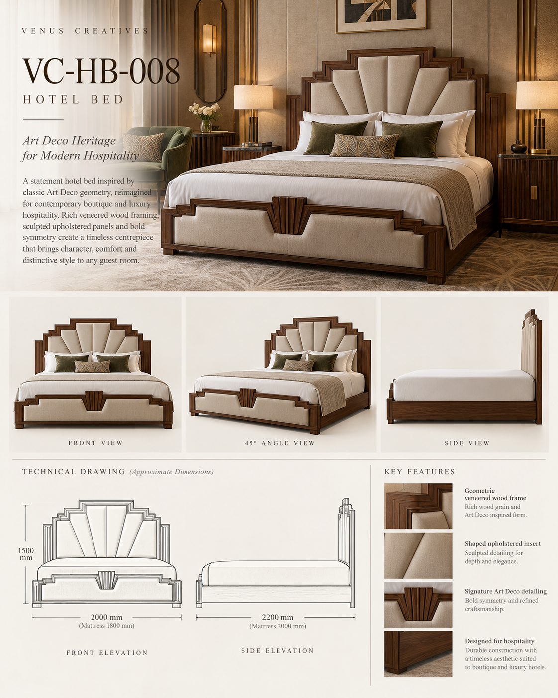 Geometric Art Deco Hotel Bed — VC-HB-008 catalogue sheet
