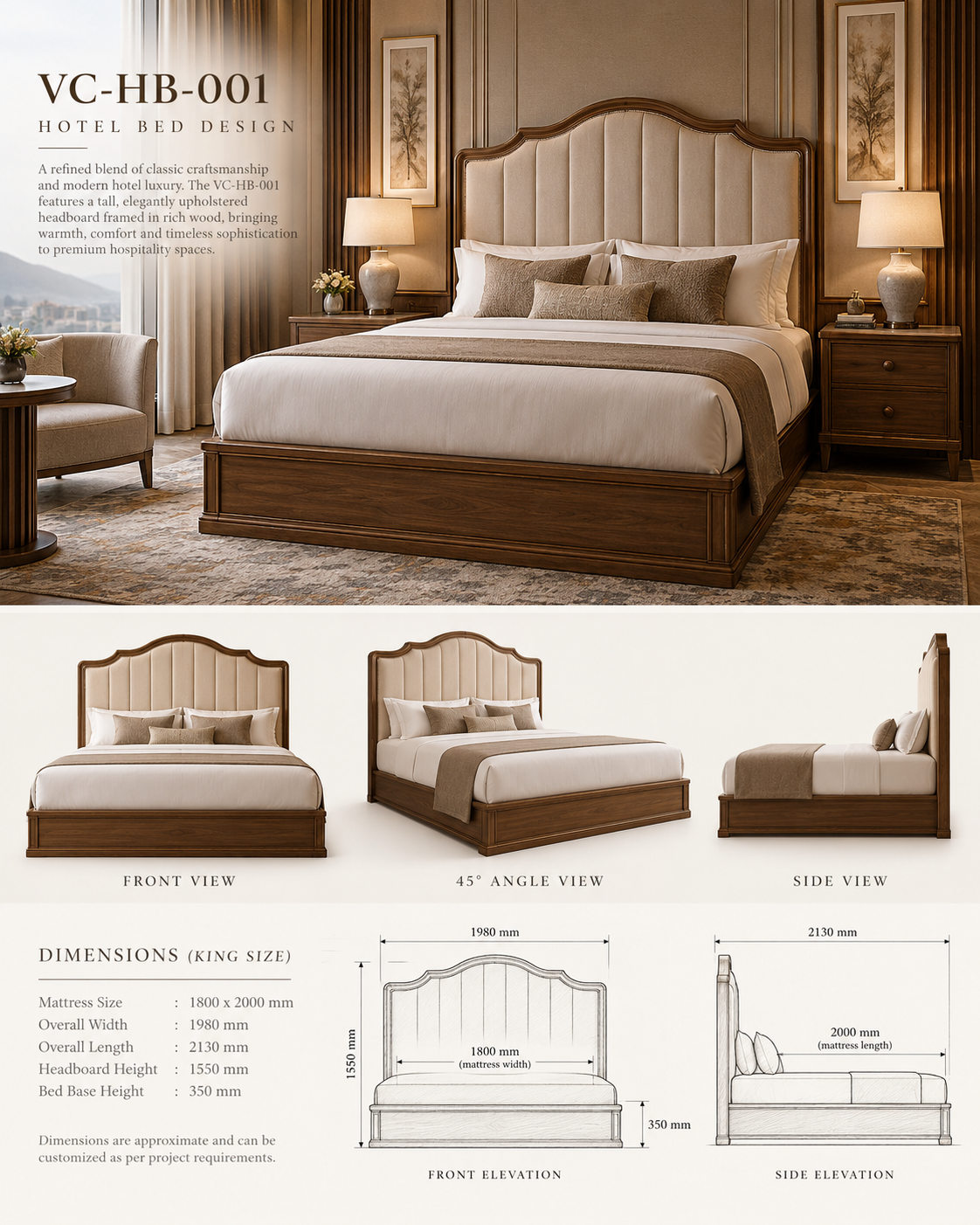 Classic Upholstered Crown Bed — VC-HB-001 catalogue sheet