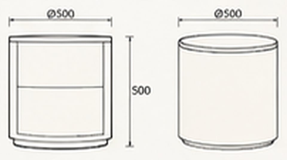 Round Bedside Table — indicative concept sketch with dimensions, VC-HBT-010