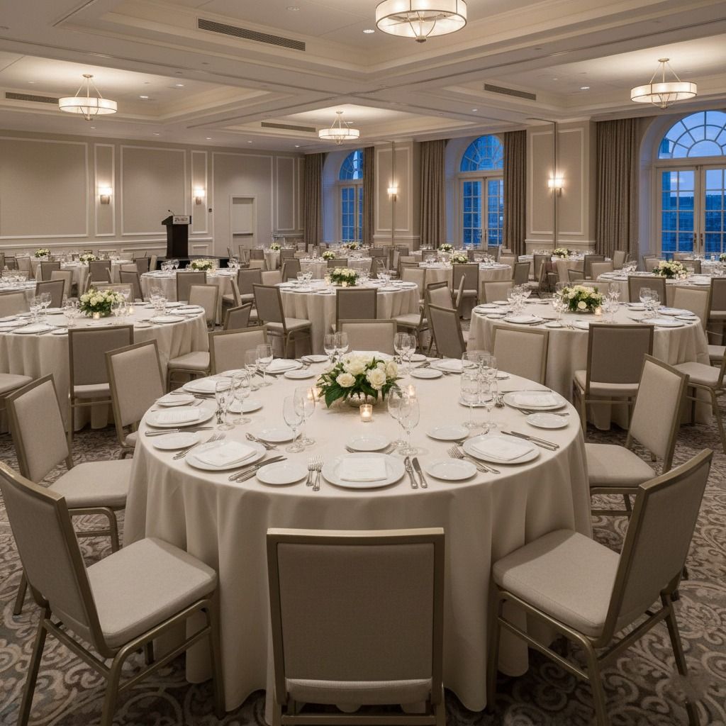 Round banquet table with beige stacking banquet chairs