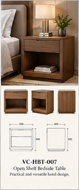 Open Shelf Bedside Table — full catalogue concept sheet, VC-HBT-007
