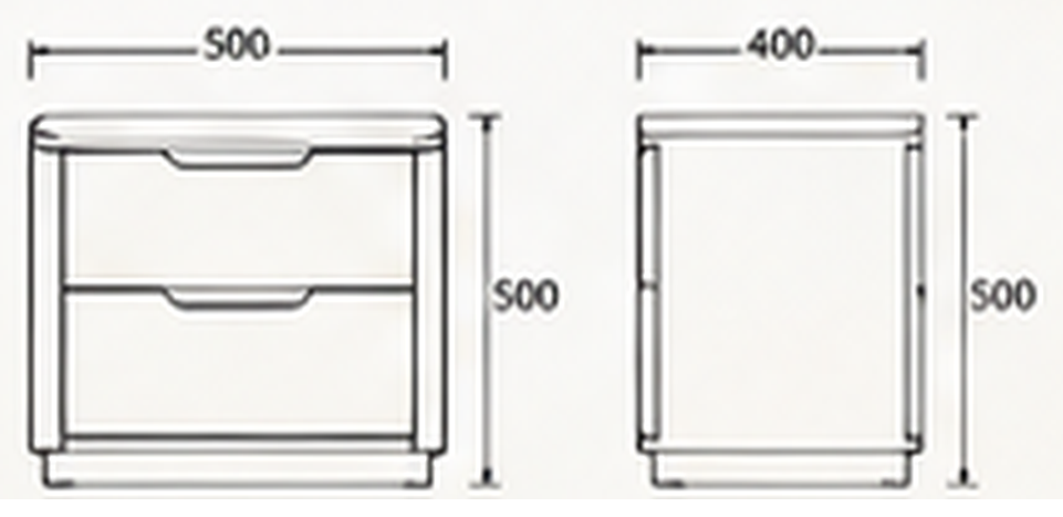 Rounded Edge Bedside Table — indicative concept sketch with dimensions, VC-HBT-003