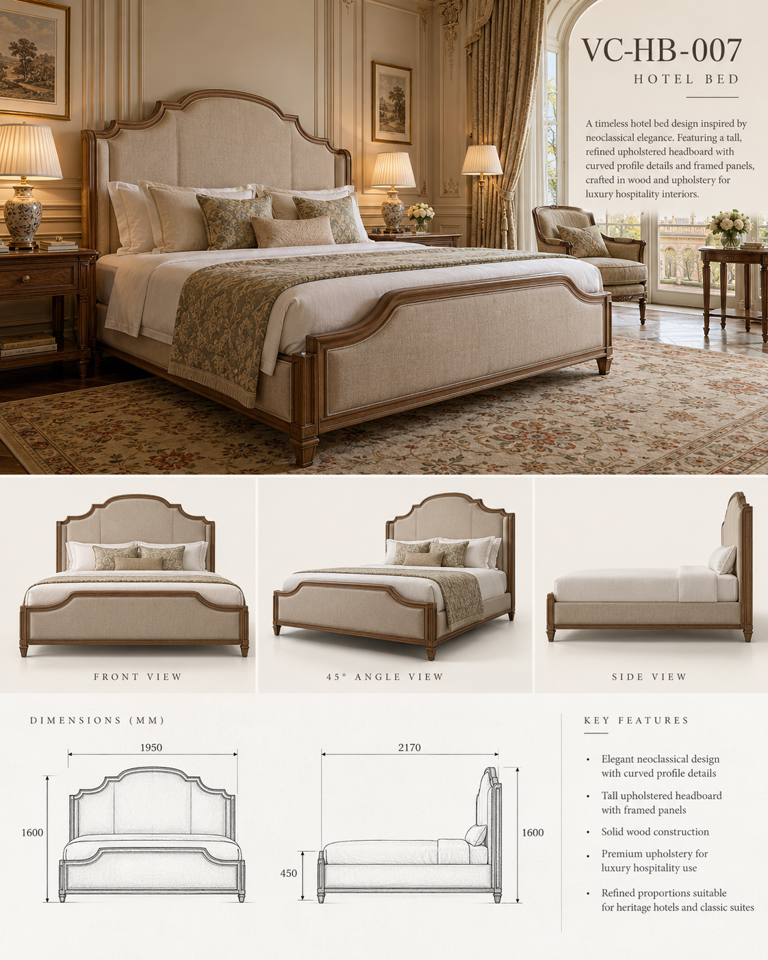 Neoclassical Upholstered Heritage Bed — VC-HB-007 catalogue sheet