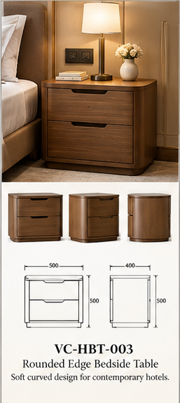 Rounded Edge Bedside Table — full catalogue concept sheet, VC-HBT-003