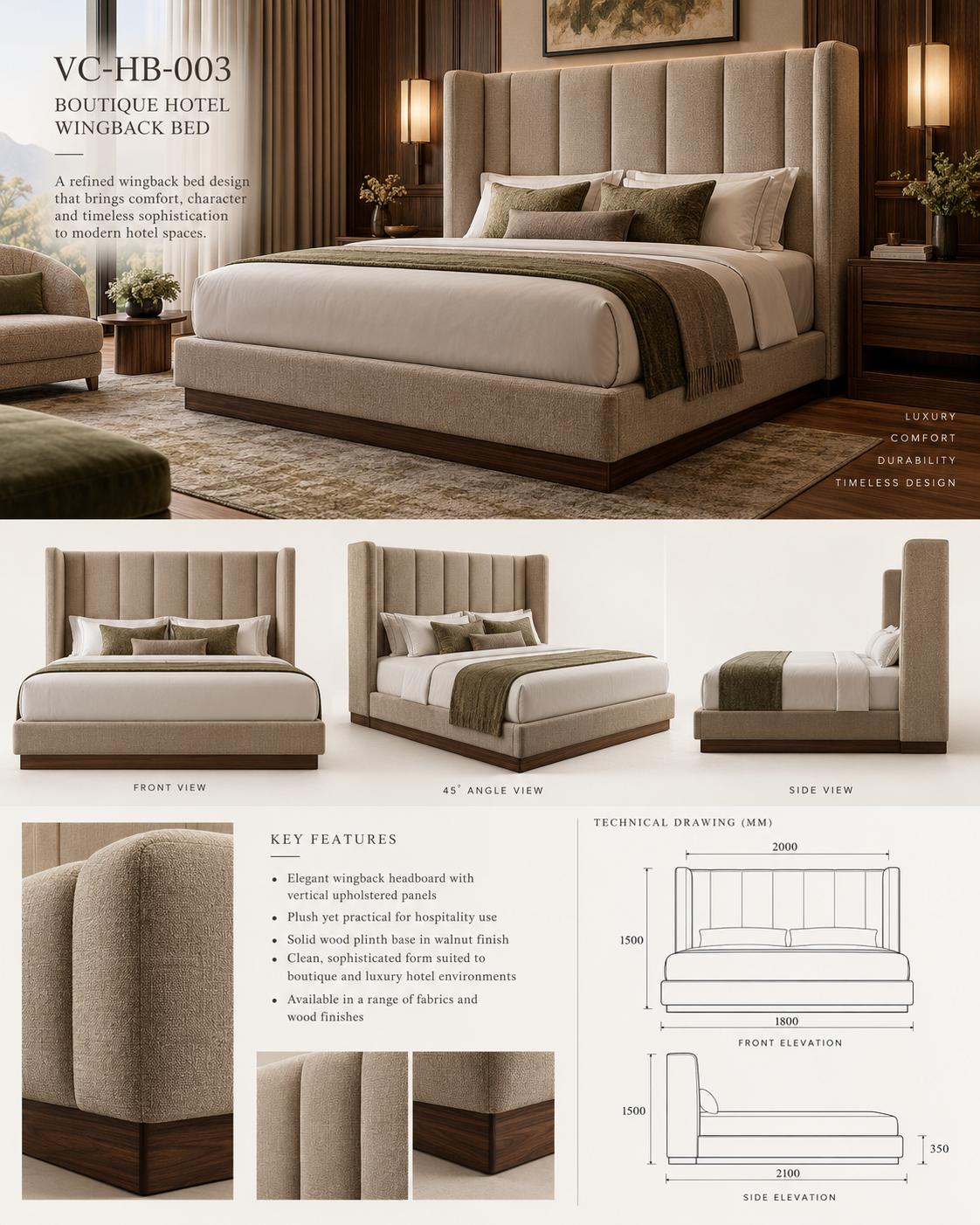High Wingback Boutique Hotel Bed — VC-HB-003 catalogue sheet