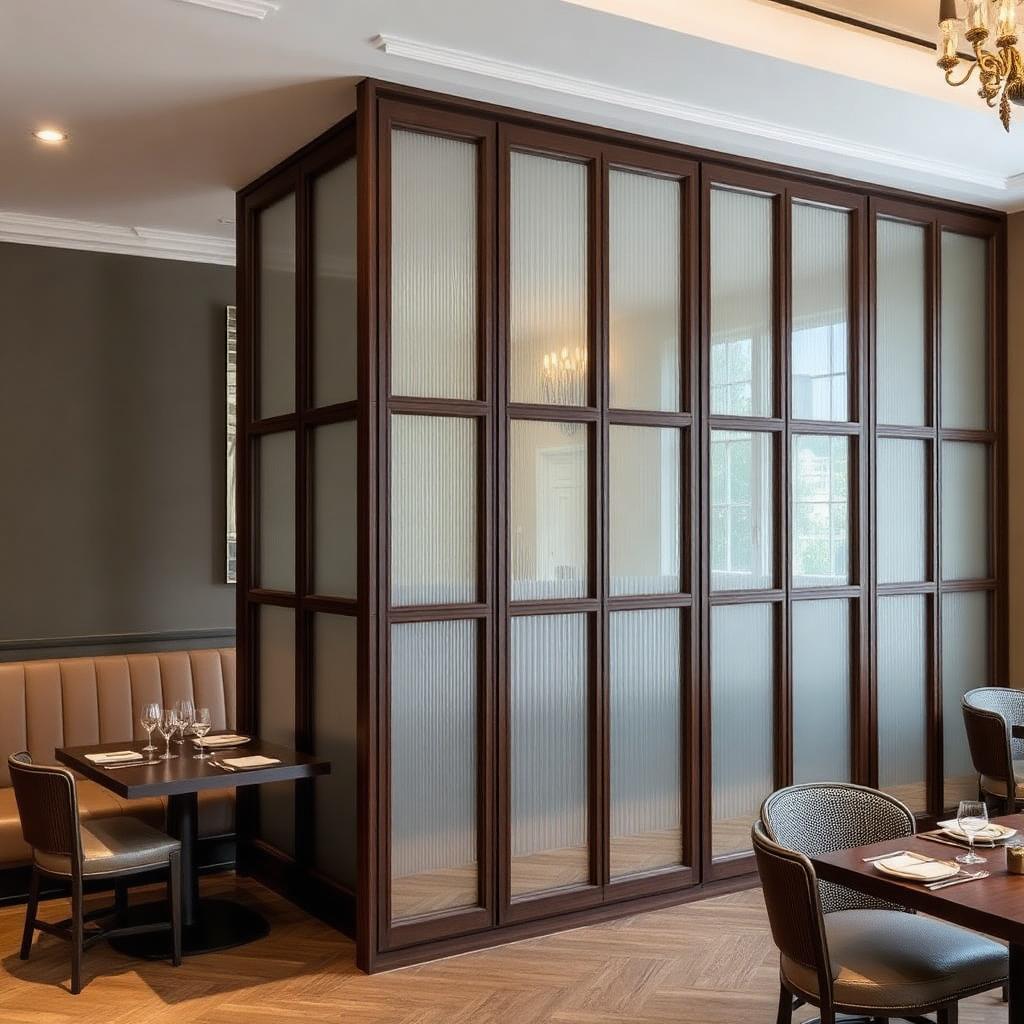 Bespoke wood and fluted glass partition screen in a fine dining restaurant