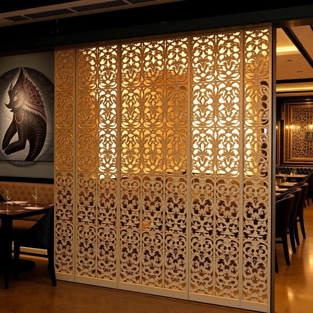 CNC cut decorative partition screen with gold painted jaali pattern