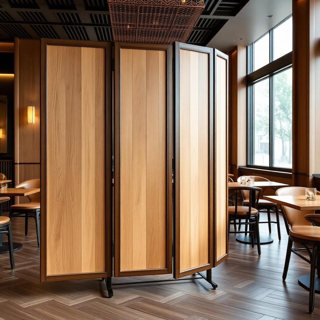 Folding freestanding wooden partition screen on a restaurant floor
