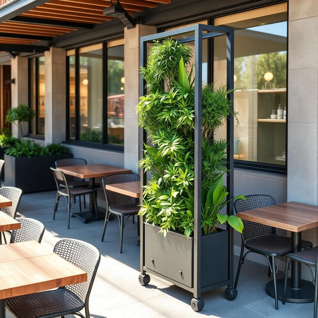 Freestanding planter partition screen on castors at outdoor cafe seating