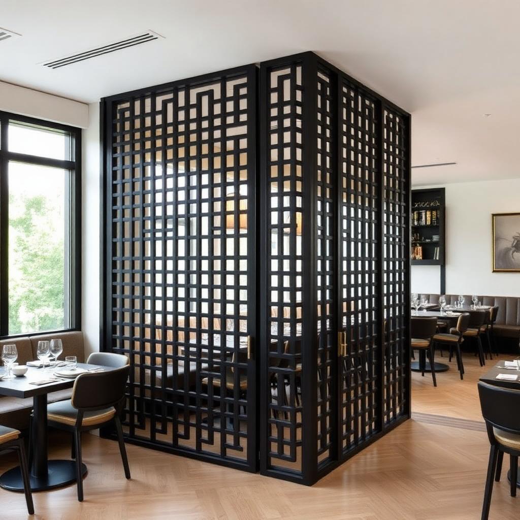 Black powder coated geometric metal partition screen in a modern restaurant