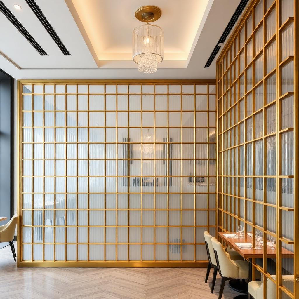 Antique brass metal partition screen with fluted glass panels