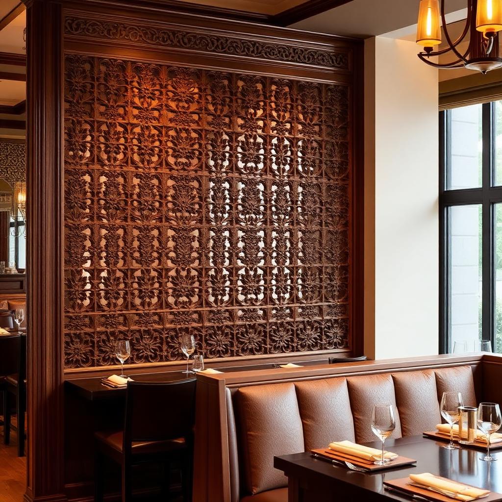 Carved jaali wooden partition screen behind restaurant booth seating
